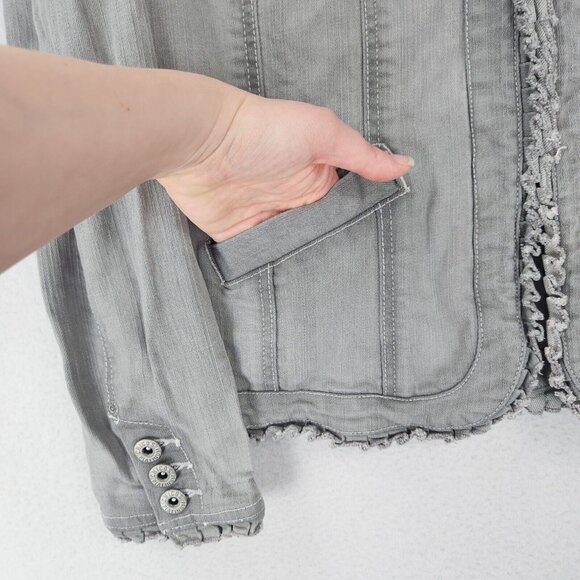 Chicos Jacket Women 2 Gray 12 Platinum Denim Jean Trucker Stretch Ruffle Casual - Picture 5 of 15